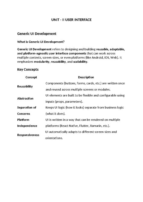 UNIT II USER INTERFACE - Generic UI Development Notes - Studocu
