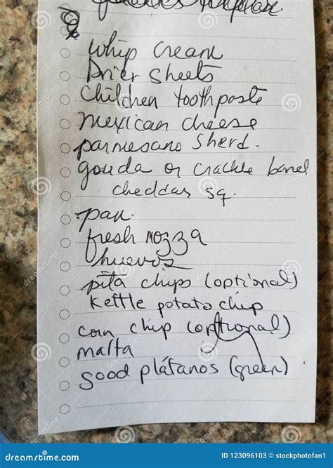 Handwritten Grocery List
