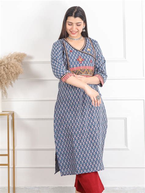 Ghoomer Denim Blue Angrakha Style Neck Work Print Cotton Kurti-D6 ...