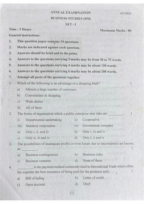 ANNUAL EXAMINATION BUSINESS STUDIES (054) SET I - Question Paper - Studocu