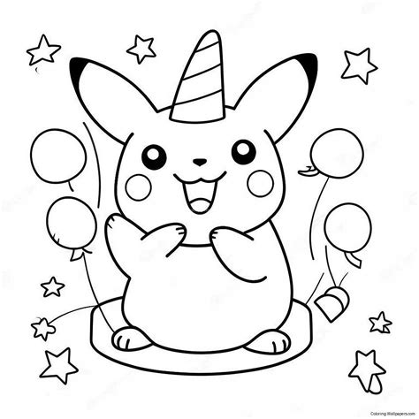 Cheerful Pikachu Birthday Celebration Coloring Page (32364-25587)