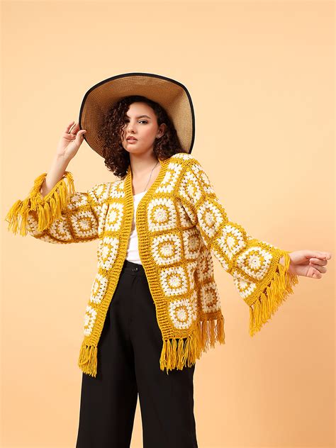 Velvery Pookie Granny sqaure Tassel Cardigan - Mustard