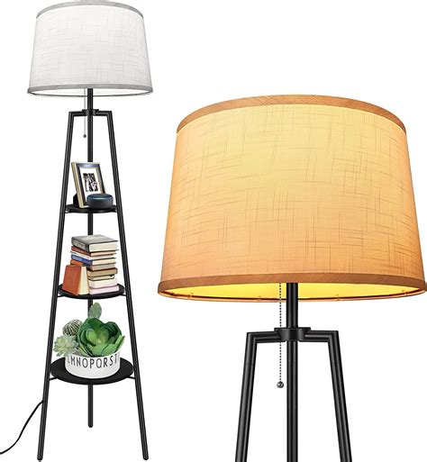 Outon Tripod Floor Lamp with Shelves, Wood Shelf Floor Lamp with 3 ...
