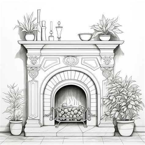 Premium Photo | A drawing of a fireplace with potted plants and a fire ...