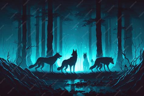 Premium Photo | Night scene of glowing wolves in the dark forest ...