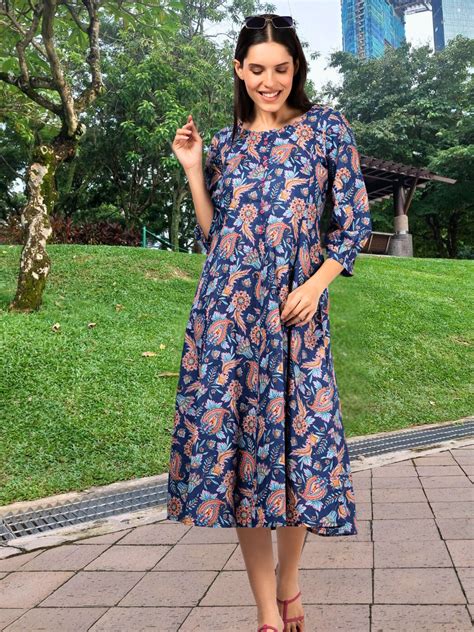 Royal Blue Paisley Print Cotton Dress with Back Strap - Saffron Threads