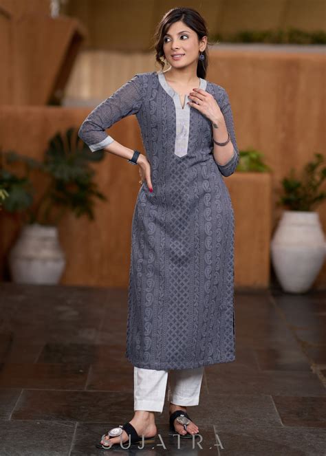 Flowy Grey chikankari kurta with contrast detaling Pant optional – Sujatra