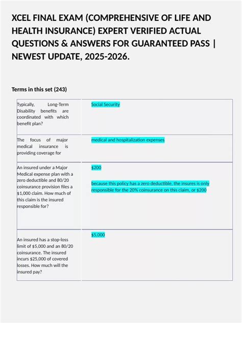 XCEL FINAL EXAM (COMPREHENSIVE OF LIFE AND HEALTH INSURANCE) EXPERT ...