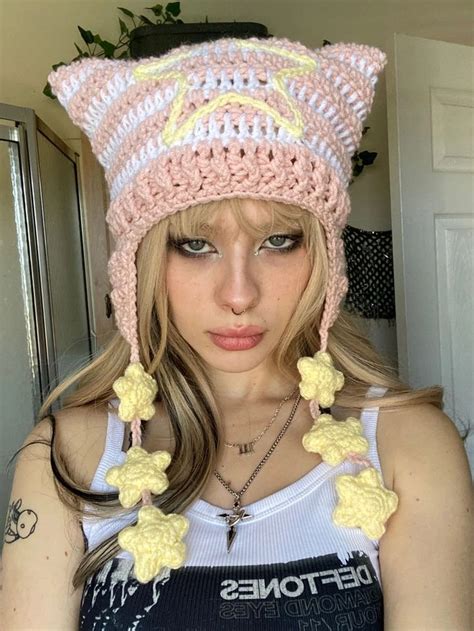PATTERN Triple Star Strings Crocheted Cat Ear Hat Striped Knitted Beanie With Embroidered Star ...