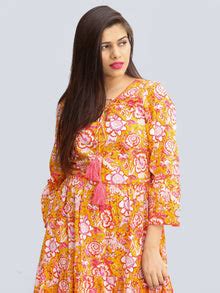 Fazna - Block Printed Cotton Midi Dress With Tassels - D425F2245 ...