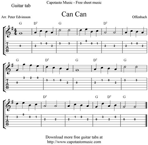 Easy Sheet Music For Beginners: Free guitar tablature sheet music, Can Can