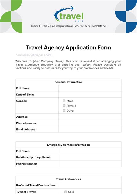 Free Travel Agency Application Form Template to Edit Online