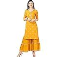 NAINVISH Women's Crepe Gold Print Stitched Kurti with Sharara Set ...