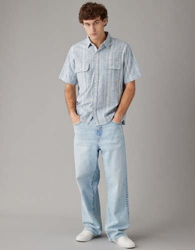 Buy American Eagle Men Gravity Blue Striped Button-Up Poolside Shirt ...