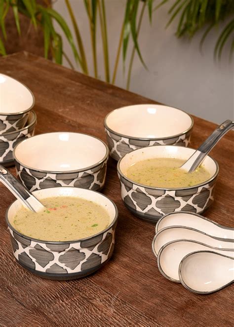Get Ceramic Black & White Handpainted Umrao Pattern Soup Bowl - Set of ...
