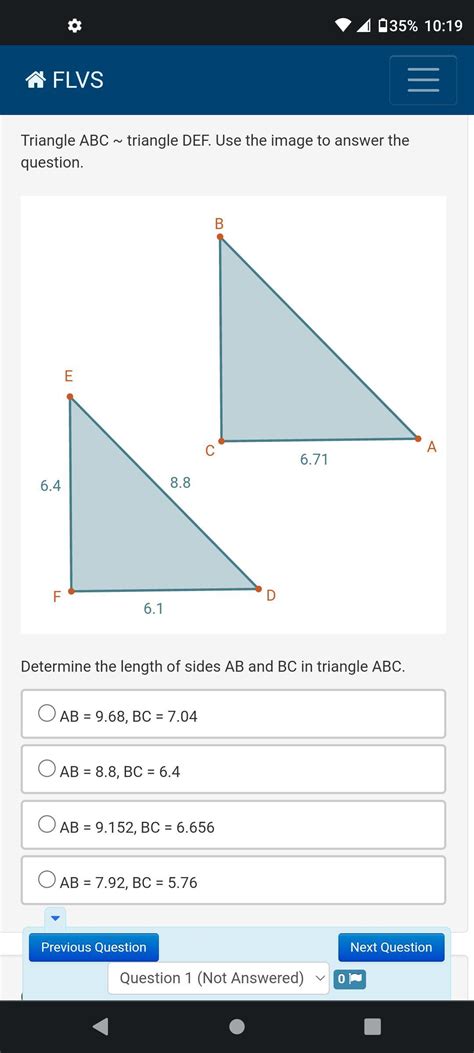 Triangle ABC ~ triangle DEF. Use the image to answer the question. Determine the length of sides ...