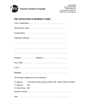 Fillable Online palestinecampaign PSC AFFILIATION RENEWAL FORM ...