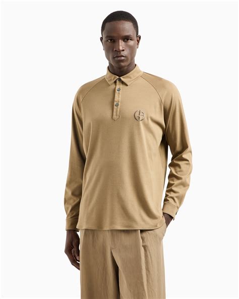 Cotton and cashmere interlock long-sleeved polo shirt | Giorgio Armani