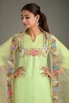 Buy Green Organza, Cotton Embroidery Split V-neck Placed Floral Kurta ...