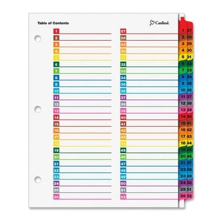 Cardinal Brands Cardinal OneStep Printable T.O.C. Divider, 1 to 52, 8.5 ...