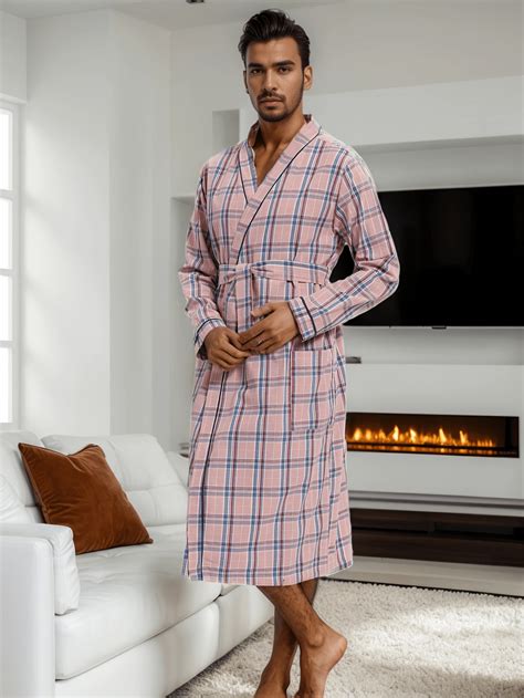 QING ROU 1pc Men's Long Sleeve Plaid Print Long Bathrobe, Casual ...