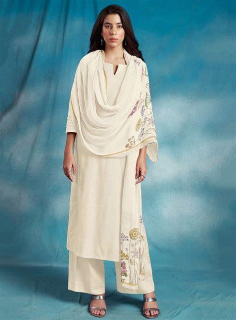 Ganga Off-White Pure Cotton Linen Unstitched Suit Material for Women ...