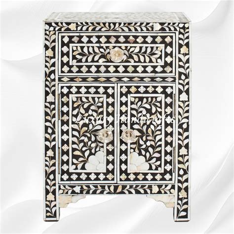 MOP Floral 1 Drawer 2 Door Bedside Table Black – Luxury Handicrafts
