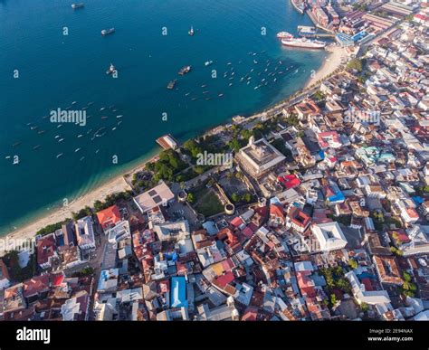 Very High Above Aerial Top View Shot of Stone Town, the Capital of Zanzibar, Tanzania. Sunset ...