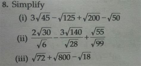 [tex]3 \sqrt{45} - \sqrt{125} + \sqrt{200} - \sqrt{50} [/tex] and ...