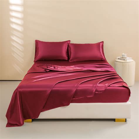 Btargot 4Pcs Silk Sheets Queen Deep Pocket Satin Sheets Set Burgundy ...