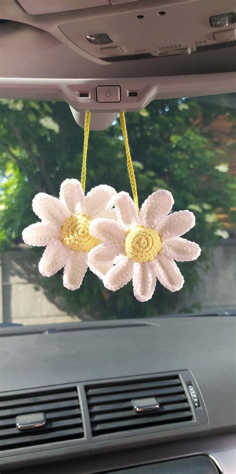 Crochet Daisy Car Mirror Accessories, Cute Car Decoration for Women, Teens Interior Rear View ...