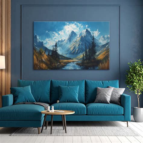 Valley And Mountain Canvas Painting | Nature Wall Art With River For ...