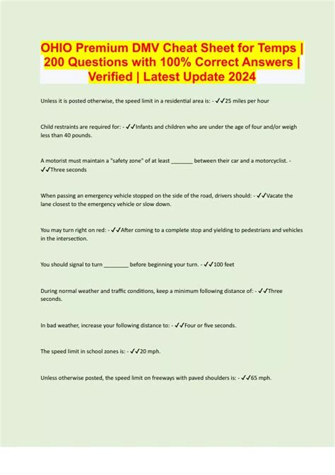 OHIO Premium DMV Cheat Sheet for Temps | 200 Questions with 100% ...