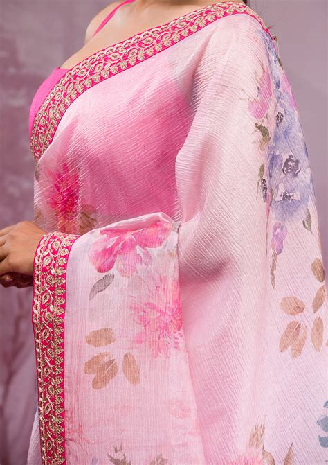 Buy Baby Pink Printed Georgette Saree - Koskii