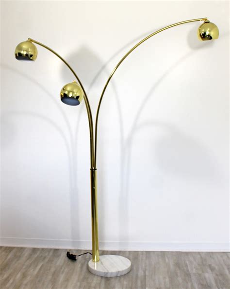 Mid-Century Modern 3-Arm Brass Articulating Arc Floor Lamp White Marble ...