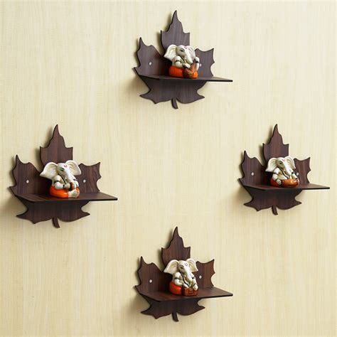 eCraftIndia Set of 4 Brown Leaf Shape Designer Wooden Wall Shelves