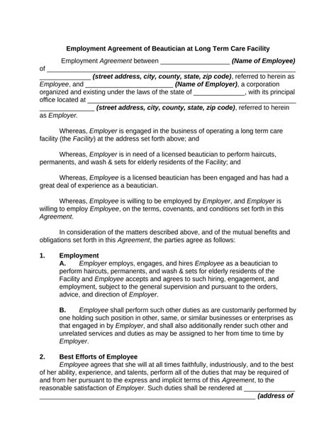 Employment Agreement for Beautician - Blank Fillable Template | Fill ...