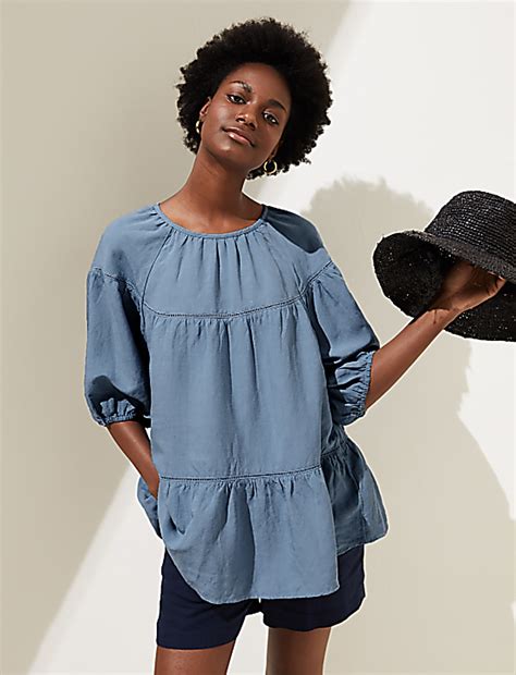 Buy High Neck Puff Sleeve Top with Linen at Marks & Spencer