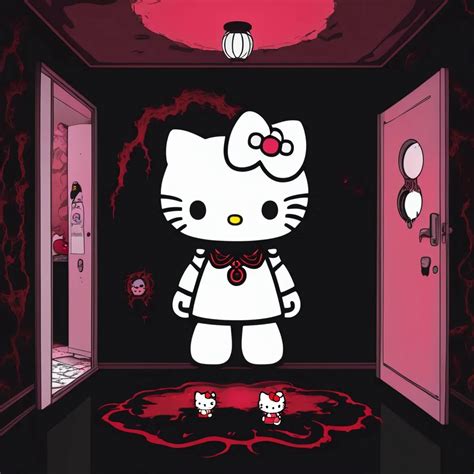 Scary demon Hello Kitty in dark room