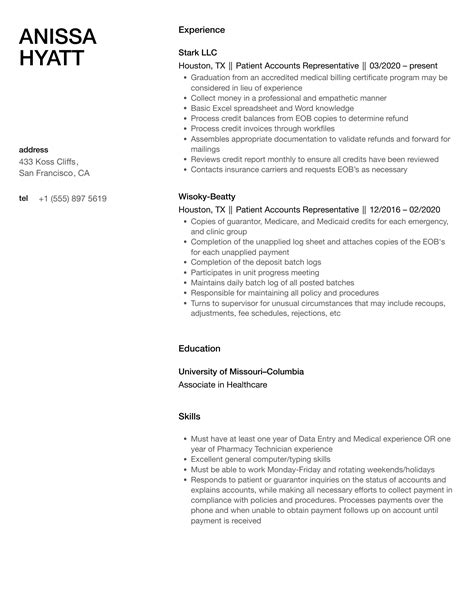 Patient Accounts Representative Resume Samples | Velvet Jobs