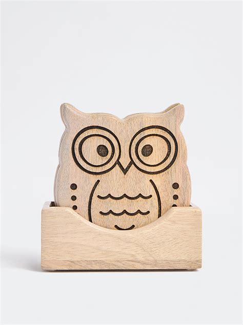 Buy Westside Home Beige Wooden Owl Coasters (Set of 4) from Westside
