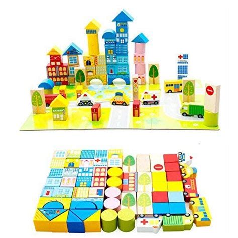 Emob 62 Pcs City Blocks Wooden Puzzle Toys City Blocks Educational ...