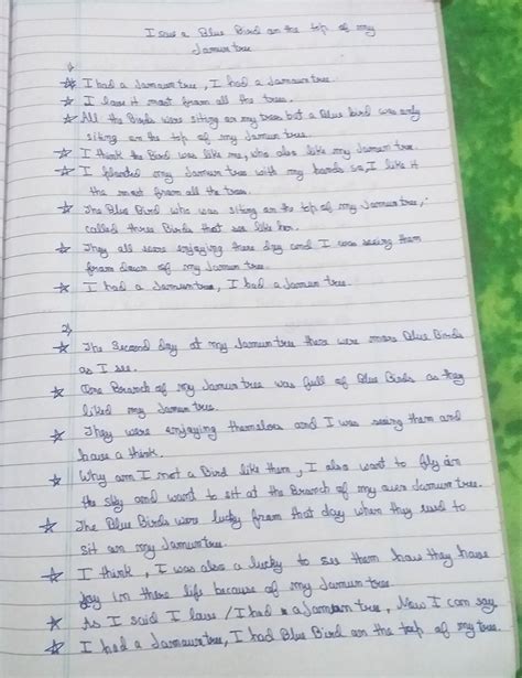5) Write a poem with the following in it: First line: / saw a blue bird ...
