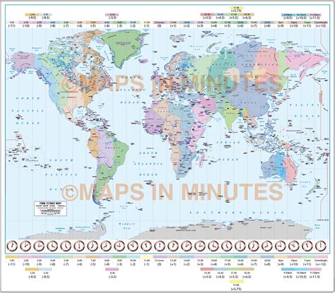 Gall Projection World Time Zones Map with Capital cities @ 10M scale