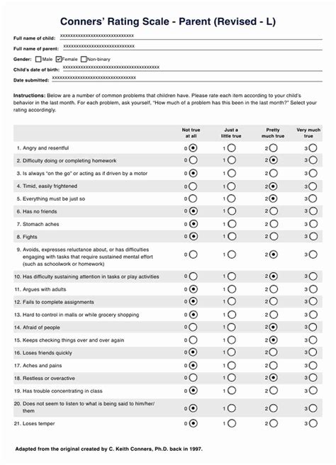 Conners’ Rating Scale for Parents (Revised - L) & Example | Free PDF ...