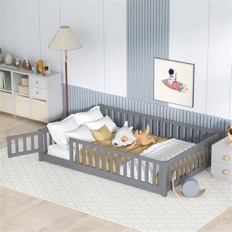 Bellemave Full Size Kids Floor Bed with Fence Railings, Support Slats ...