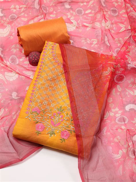 Neck Embroidery & Woven Chanderi Unstitched Suit Piece With Dupatta ...
