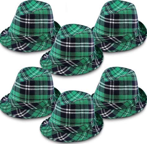 Amazon.com: 6 Pieces St. Patricks Day Hats Bulk Green Plaid Fedora Hat ...