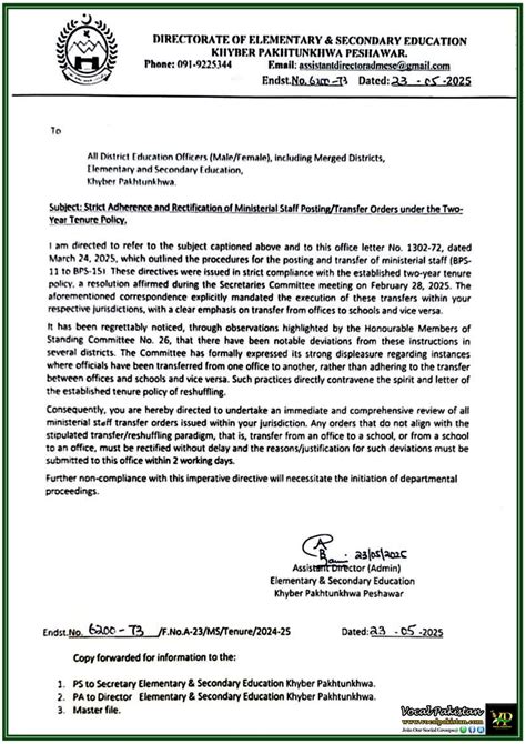 Khyber Pakhtunkhwa Education Directorate Orders Review of Ministerial ...