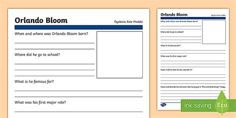 Dyslexia Role Model Research - Orlando Bloom Worksheet / Worksheet